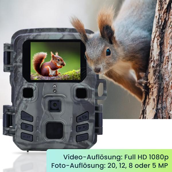 Kompakte Wildkamera, Full HD, PIR Bewegungssensor, Nachtsicht mit IR LEDs, IPX5, 180g leicht, Farbdisplay, inkl. Solar Panel