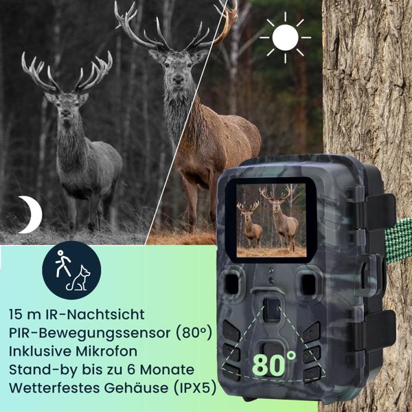 Kompakte Wildkamera, Full HD, PIR Bewegungssensor, Nachtsicht mit IR LEDs, IPX5, 180g leicht, Farbdisplay, inkl. Solar Panel