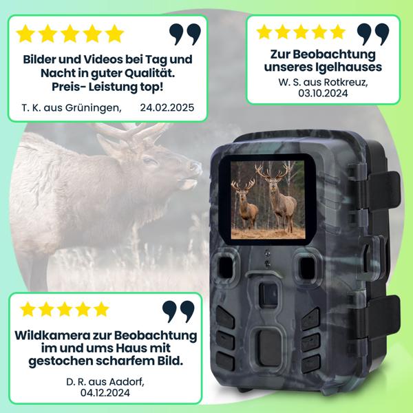 Kompakte Wildkamera, Full HD, PIR Bewegungssensor, Nachtsicht mit IR LEDs, IPX5, 180g leicht, Farbdisplay, inkl. Solar Panel