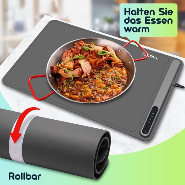Profi Silikon-Warmhalteplatte, 2er Set (250W) – Elektrischer Speisenwärmer mit 3 Stufen (55-100°C), Warmhaltematte mit LCD-Touch-Display, rollbar, 61x40cm
