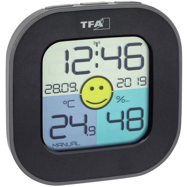 Digitales Thermo-Hygrometer – Misst Temperatur & Luftfeuchtigkeit, Komfortzonenanzeige – DCF77 Funkuhr, Datum, Höchst-/Tiefstwerte, Schwarz, Kompakt