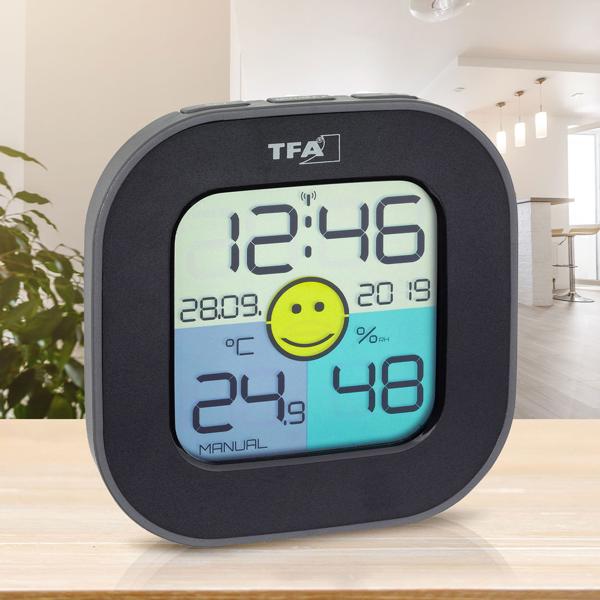 Digitales Thermo-Hygrometer – Misst Temperatur & Luftfeuchtigkeit, Komfortzonenanzeige – DCF77 Funkuhr, Datum, Höchst-/Tiefstwerte, Schwarz, Kompakt