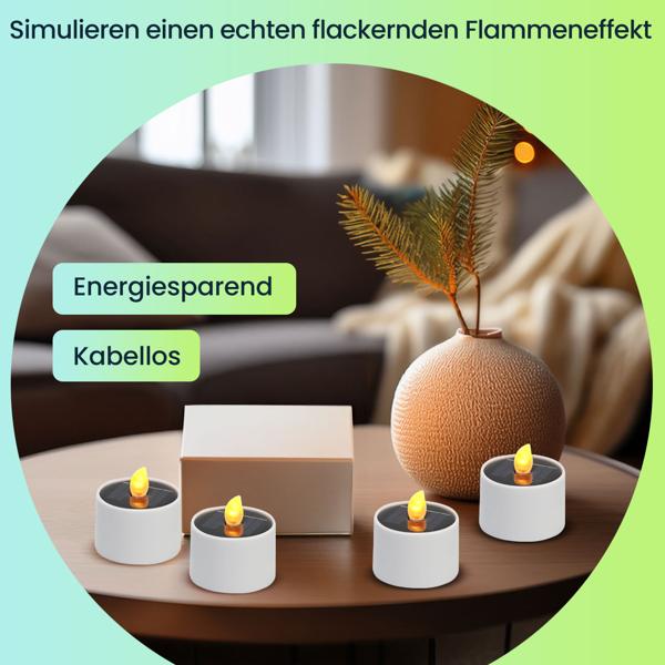 4er-Set Solar-LED-Teelichter – wetterfest (IP44), mit Dämmerungssensor & warmweissen Licht – kabellos, energiesparend & ideal für Garten, Balkon & Deko