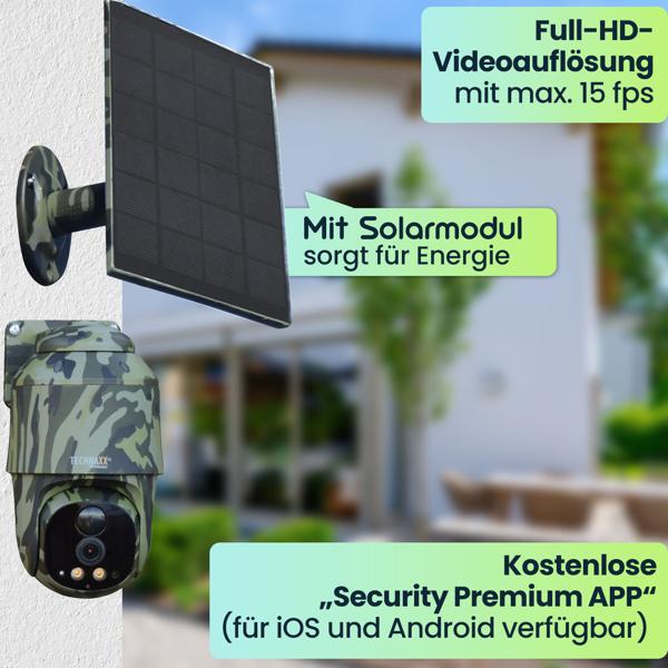 4G PanTilt Dome Überwachungskamera mit Solarmodul, Alarm und Nachtsicht, Zwei-Wege-Kommunikation, PIR Bewegungssensor, IP 65, Tarnfarbe