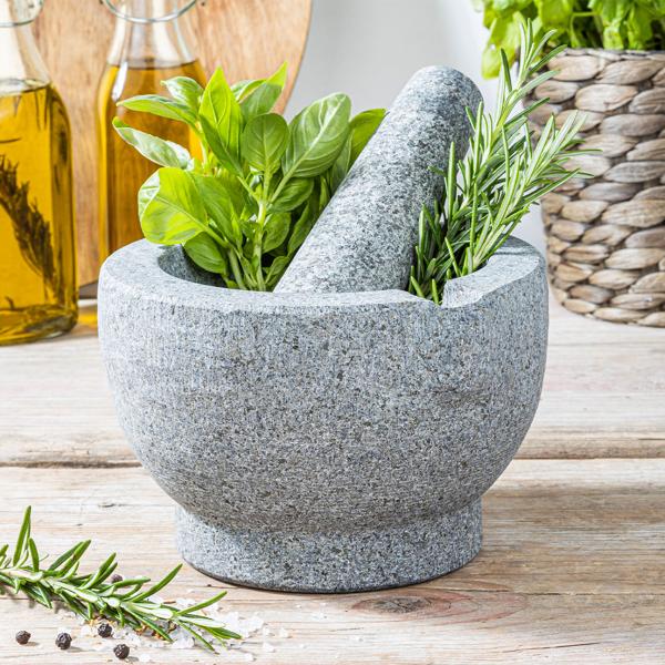 XL Granit Mörser mit Stössel - Zum Zerkleinern & Zermahlen von Gewürzen, Kräutern, Pesto & Marinaden - Massiver Steinmörser Ø 15 cm - Dunkelgrau