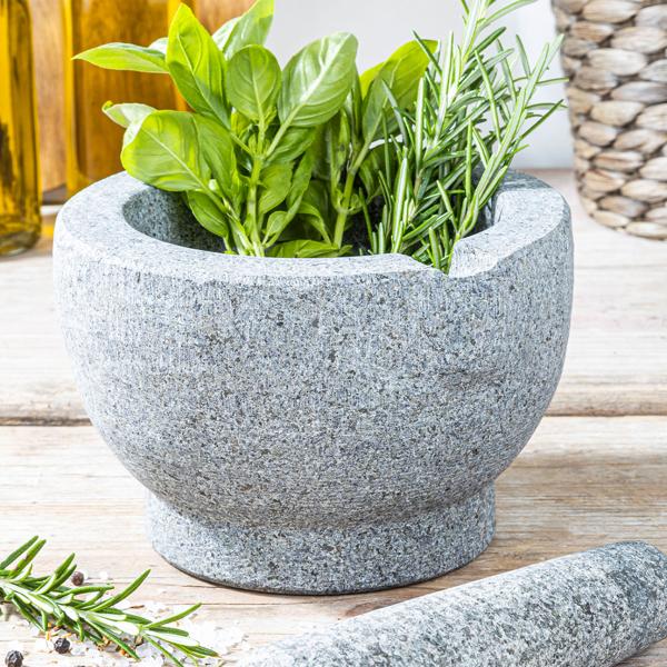 XL Granit Mörser mit Stössel - Zum Zerkleinern & Zermahlen von Gewürzen, Kräutern, Pesto & Marinaden - Massiver Steinmörser Ø 15 cm - Dunkelgrau