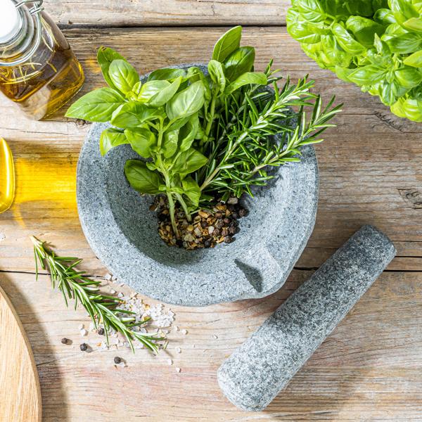 XL Granit Mörser mit Stössel - Zum Zerkleinern & Zermahlen von Gewürzen, Kräutern, Pesto & Marinaden - Massiver Steinmörser Ø 15 cm - Dunkelgrau