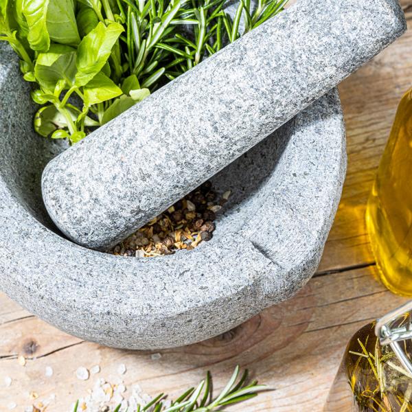XL Granit Mörser mit Stössel - Zum Zerkleinern & Zermahlen von Gewürzen, Kräutern, Pesto & Marinaden - Massiver Steinmörser Ø 15 cm - Dunkelgrau