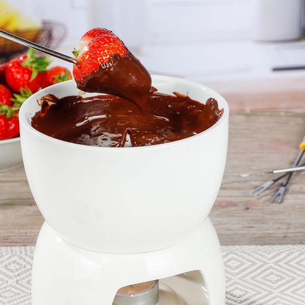 Schokoladenfondue-Set Porzellan - ideal für gesellige Runden mit Freunden & Familie - inkl. 4 Fonduegabeln & Teelicht-Stövchen - 450 ml Füllmenge - weiss