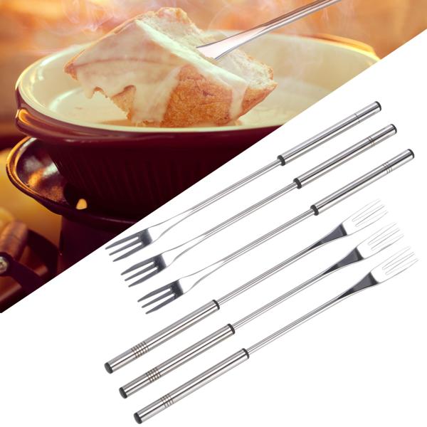6 Fondue-Gabeln aus Edelstahl-Set - Für Käse-, Fleisch- & Gemüsefondue - Spülmaschinenfest, 3 Zinken, hitzebeständig, Strichcodierung - 26.5 cm lang