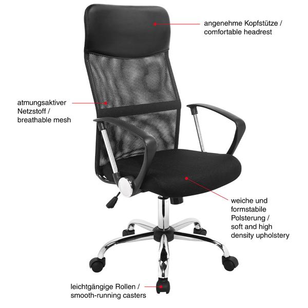 Komfortabler Netz-Bürostuhl: Drehbar, mit Armlehnen, Kopfstütze & S-Rückenlehne. Höhenverstellbar, schwarzer ergonomischer Drehstuhl mit Rollen