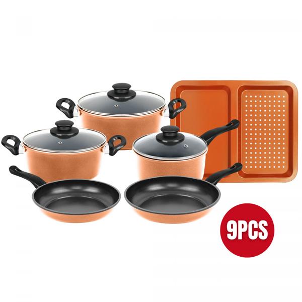 Kochtopf-Set 9-teilig mit Glasdeckel - Backblech inklusive, ultra-antihaftbeschichtet, PFOA/Blei/Cadmium frei - Für alle Herde - Kupfer/Schwarz