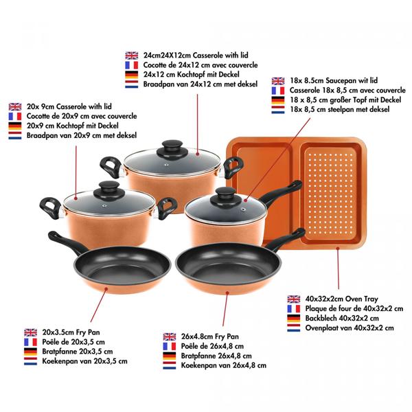 Kochtopf-Set 9-teilig mit Glasdeckel - Backblech inklusive, ultra-antihaftbeschichtet, PFOA/Blei/Cadmium frei - Für alle Herde - Kupfer/Schwarz