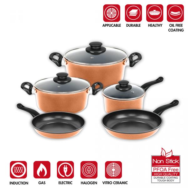 Kochtopf-Set 9-teilig mit Glasdeckel - Backblech inklusive, ultra-antihaftbeschichtet, PFOA/Blei/Cadmium frei - Für alle Herde - Kupfer/Schwarz