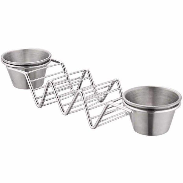 Taco- und Sandwich Halter - 2 Saucenschalen & 3er Ständer - Edelstahl, ofen- & grillgeeignet bis 260°C, spülmaschinenfest - 28.5x6.3x4cm