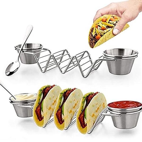 Taco- und Sandwich Halter - 2 Saucenschalen & 3er Ständer - Edelstahl, ofen- & grillgeeignet bis 260°C, spülmaschinenfest - 28.5x6.3x4cm