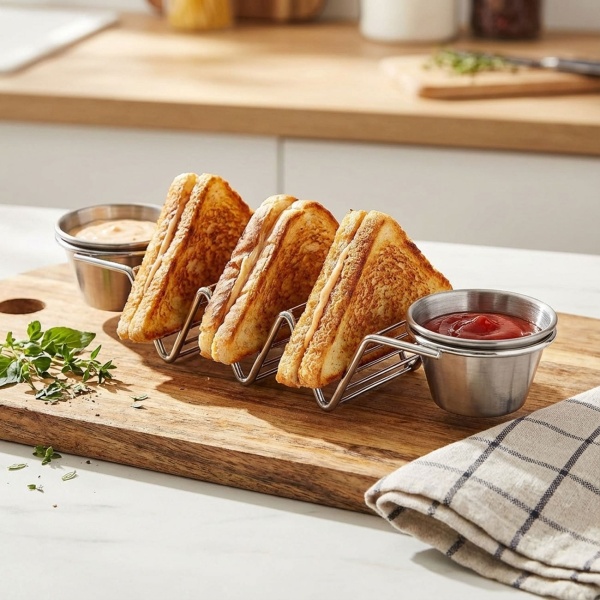 Taco- und Sandwich Halter - 2 Saucenschalen & 3er Ständer - Edelstahl, ofen- & grillgeeignet bis 260°C, spülmaschinenfest - 28.5x6.3x4cm