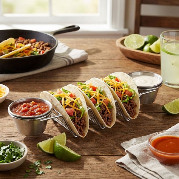 Taco- und Sandwich Halter - 2 Saucenschalen & 3er Ständer - Edelstahl, ofen- & grillgeeignet bis 260°C, spülmaschinenfest - 28.5x6.3x4cm