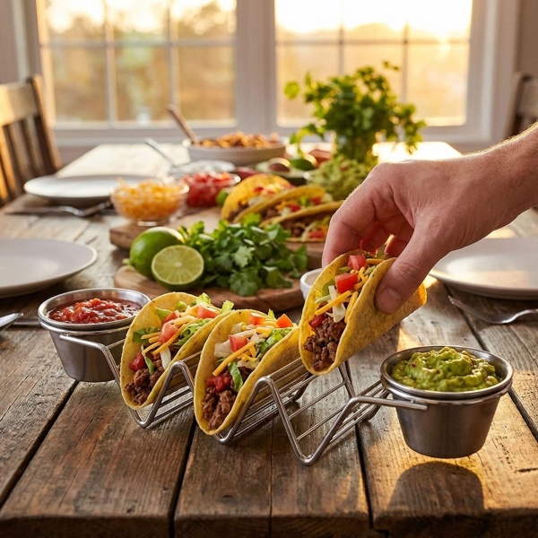 Taco- und Sandwich Halter - 2 Saucenschalen & 3er Ständer - Edelstahl, ofen- & grillgeeignet bis 260°C, spülmaschinenfest - 28.5x6.3x4cm