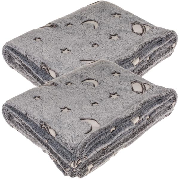 2er-Set Kuscheldecke Fleece grau - Leuchtplaneten Glow-in-the-Dark, ideal als Nachtlicht & Geschenkbox - 135x173 cm, waschbar 30°C