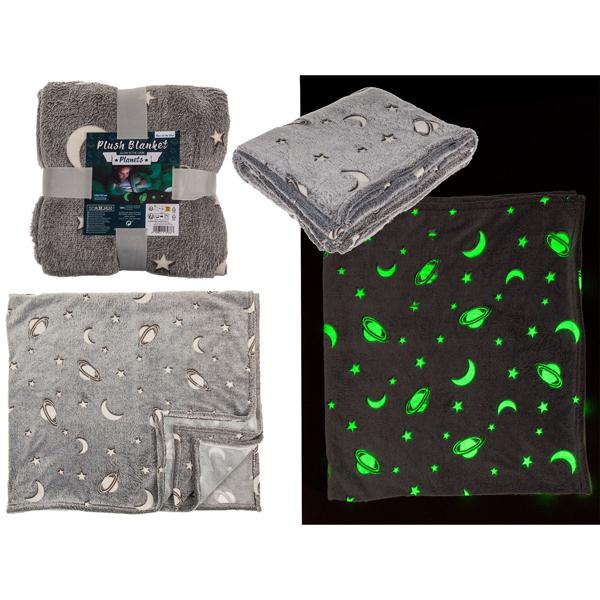 2er-Set Kuscheldecke Fleece grau - Leuchtplaneten Glow-in-the-Dark, ideal als Nachtlicht & Geschenkbox - 135x173 cm, waschbar 30°C