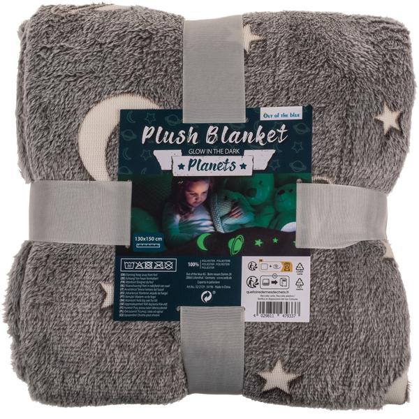 2er-Set Kuscheldecke Fleece grau - Leuchtplaneten Glow-in-the-Dark, ideal als Nachtlicht & Geschenkbox - 135x173 cm, waschbar 30°C