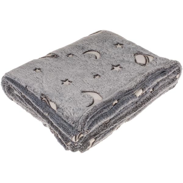 2er-Set Kuscheldecke Fleece grau - Leuchtplaneten Glow-in-the-Dark, ideal als Nachtlicht & Geschenkbox - 135x173 cm, waschbar 30°C