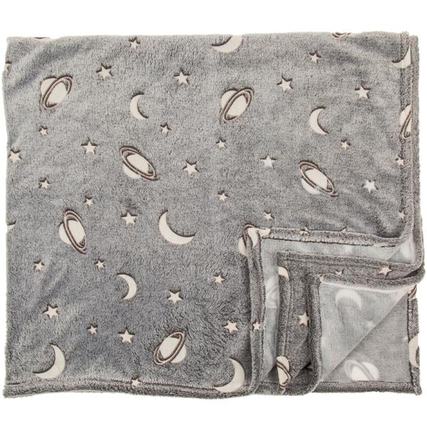 2er-Set Kuscheldecke Fleece grau - Leuchtplaneten Glow-in-the-Dark, ideal als Nachtlicht & Geschenkbox - 135x173 cm, waschbar 30°C