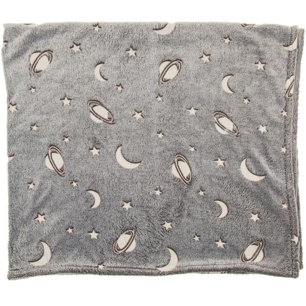 2er-Set Kuscheldecke Fleece grau - Leuchtplaneten Glow-in-the-Dark, ideal als Nachtlicht & Geschenkbox - 135x173 cm, waschbar 30°C