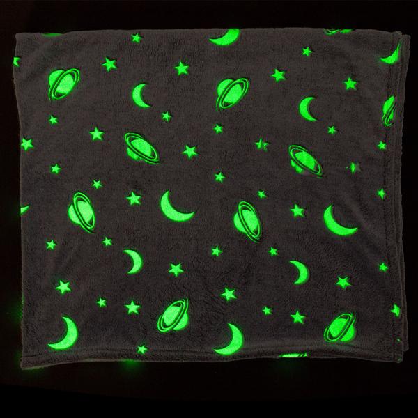 2er-Set Kuscheldecke Fleece grau - Leuchtplaneten Glow-in-the-Dark, ideal als Nachtlicht & Geschenkbox - 135x173 cm, waschbar 30°C