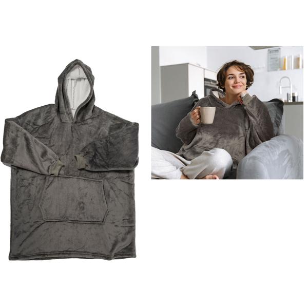 XXL Superflauschige Kuscheldecke mit Ärmeln, Kapuze & Bauchtasche, grau, Gemütlichkeit für kalte Tage & Ideal für Fernsehabende & mehr