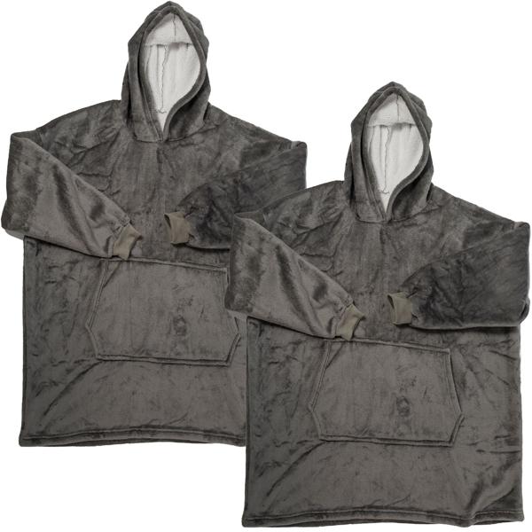 2er-Set XXL Superflauschige Kuscheldecke mit Ärmeln, Kapuze & Bauchtasche, grau, Gemütlichkeit für kalte Tage & Ideal für Fernsehabende & mehr