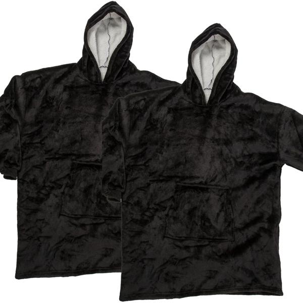2er-Set XXL Kuscheldecke mit Ärmeln und Kapuze: schwarz, 700g, Bauchtasche - Deckenpullover, Decken Hoodie, flauschig, bequem zum anziehen