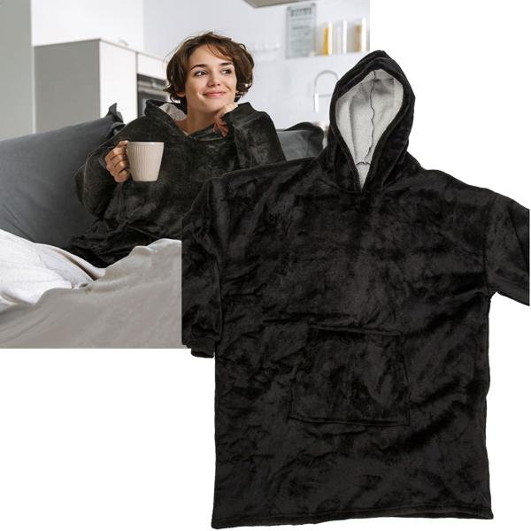 2er-Set XXL Kuscheldecke mit Ärmeln und Kapuze: schwarz, 700g, Bauchtasche - Deckenpullover, Decken Hoodie, flauschig, bequem zum anziehen