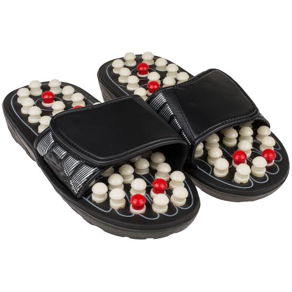 Massage Pantoffeln mit Fussreflexzonen-Noppen S - Wohltuende Fussmassage jederzeit & überall - Schwarz, weiss-rote Noppen, ohne Strom