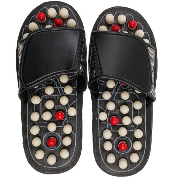 Massage Pantoffeln mit Fussreflexzonen-Noppen S - Wohltuende Fussmassage jederzeit & überall - Schwarz, weiss-rote Noppen, ohne Strom