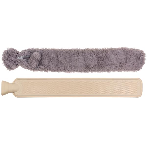 Nacken-Wärmflasche extralang - 2 Liter Fassungsvermögen - Kunstfell-Bezug Grau abnehmbar für Nacken, Schultern, Bauch & Rücken - 73 x 12 cm