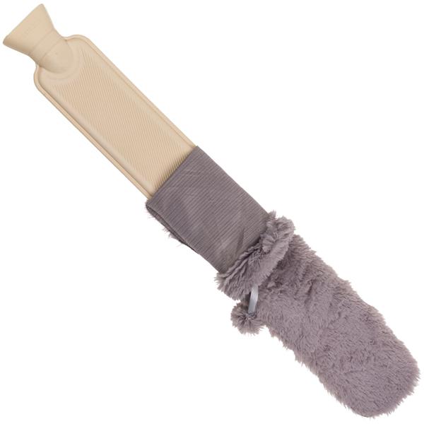 Nacken-Wärmflasche extralang - 2 Liter Fassungsvermögen - Kunstfell-Bezug Grau abnehmbar für Nacken, Schultern, Bauch & Rücken - 73 x 12 cm