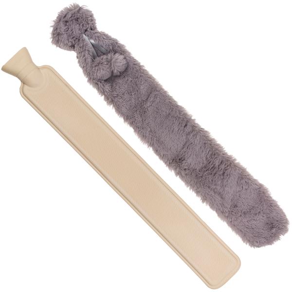 Nacken-Wärmflasche extralang - 2 Liter Fassungsvermögen - Kunstfell-Bezug Grau abnehmbar für Nacken, Schultern, Bauch & Rücken - 73 x 12 cm