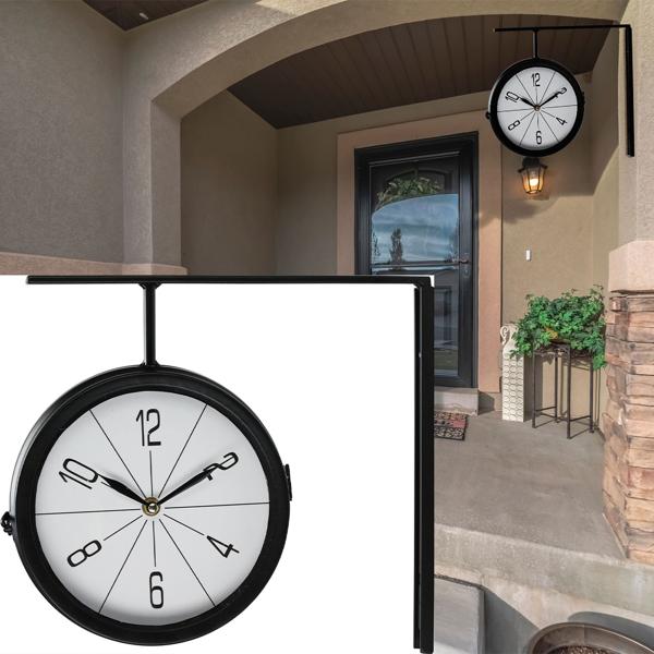 2er-Set Wanduhr im Bahnhofsuhr-Design - doppelseitige Metall-Glas-Konstruktion - Ø 20cm - kabellos - Schwarz/Weiss - für Eingangsbereich & Innenräume