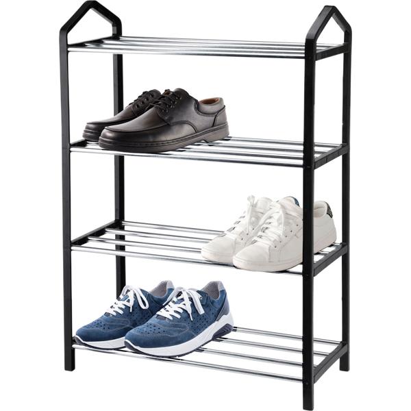 Schuhregal aus Metall mit 4 Ablageflächen - Platzsparend & Stabil für kleine Wohnungen - Schwarz/Silber - Hygienisch & Belüftet - 41.5x18.5x58.5cm