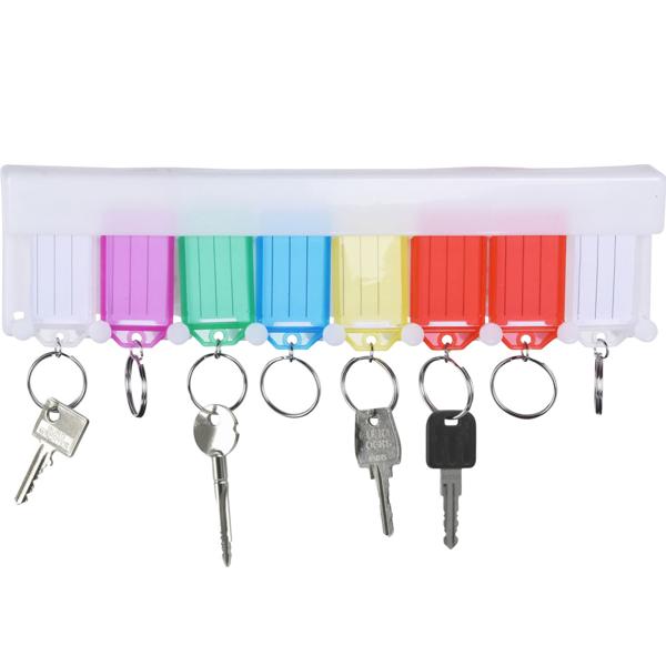 Mini-Schlüsselbrett mit 8 bunten Schlüsselanhängern - Beschriftbar & Geschützt - Organisiert Schlüssel für Haushalt & Büro - 27x8cm Weiss - Platzsparend