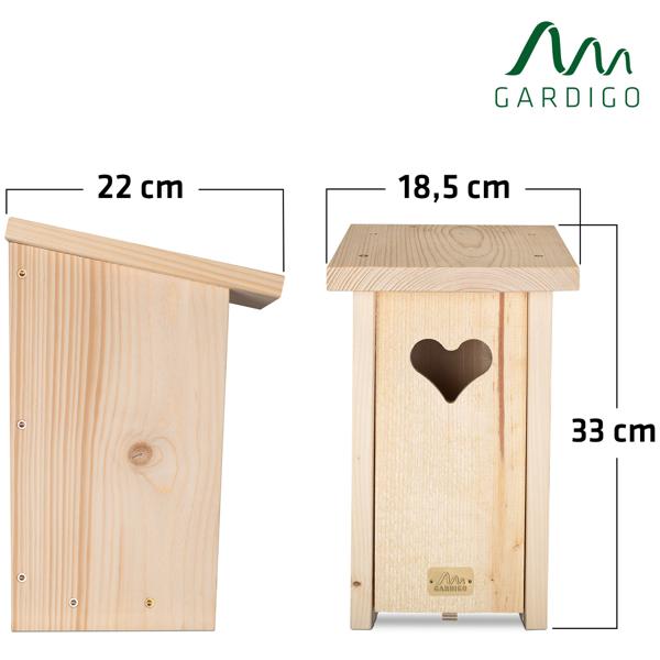 Nistkasten mit herzförmigen Einflugloch, massives Fichtenholz, mit viel Liebe zum Detail gefertigt, Ideal für Spatzen, Kleiber und Trauerschnäpper