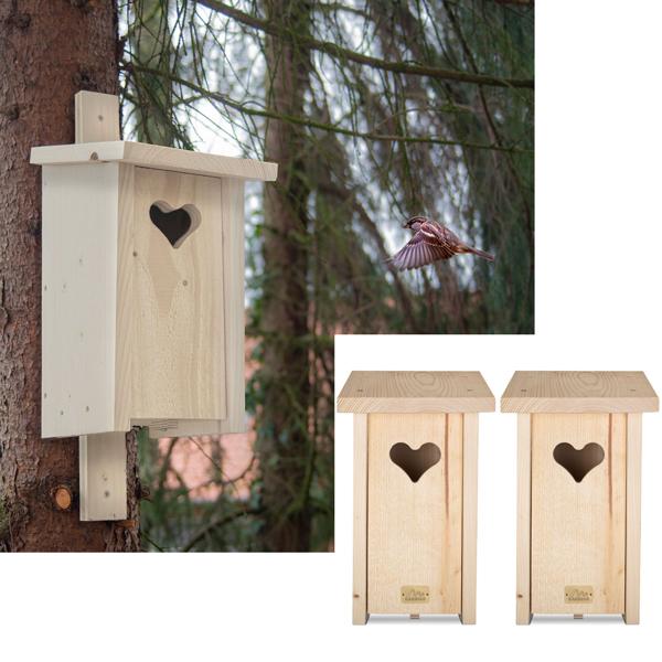 2er-Set Nistkasten mit herzförmigen Einflugloch, massives Fichtenholz, mit viel Liebe zum Detail gefertigt, Vogelnisthaus