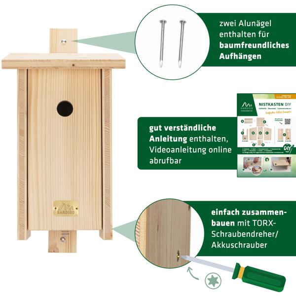 Nistkasten Bausatz (Fichte): Für Meisen - 19x40x23,5cm - Geben Sie Vögeln ein Zuhause & unterstützen Sie eine soziale Einrichtung