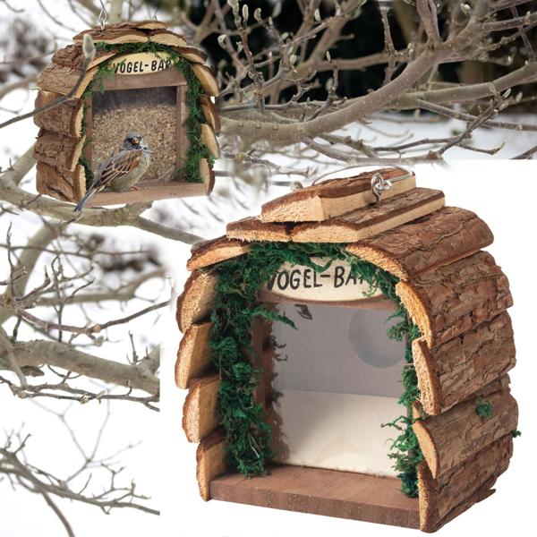 Futterstelle Vogelbar aus Holz - 16x10x16cm - schützt Futter vor Feuchtigkeit/Schmutz - einfache Befüllung mit Aufhänger - für Rotkehlchen Finken Sperlinge
