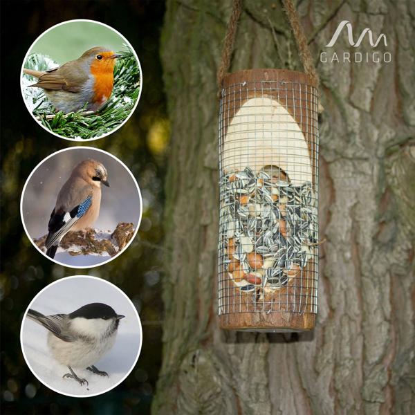 2er-Set Vogelfuttersäule aus FSC Naturholz - sicherer Futterplatz für Wildvögel im Garten - verschliessbare Öffnung - 20xØ8cm