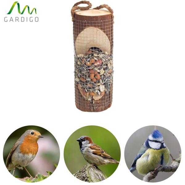 2er-Set Vogelfuttersäule aus FSC Naturholz - sicherer Futterplatz für Wildvögel im Garten - verschliessbare Öffnung - 20xØ8cm