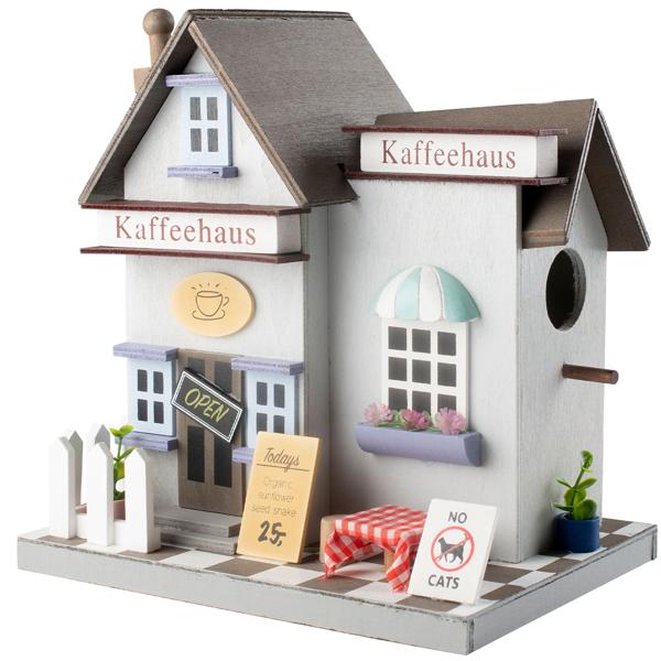 2er-Set Nisthilfe Kaffeehaus-Optik - Vogelhaus für Haussperlinge & Trauerschnäpper mit Reinigungsöffnung - 22.5x24x16.6 cm - zum Aufhängen/Hinstellen