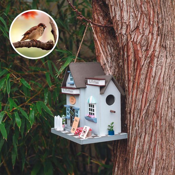 2er-Set Nisthilfe Kaffeehaus-Optik - Vogelhaus für Haussperlinge & Trauerschnäpper mit Reinigungsöffnung - 22.5x24x16.6 cm - zum Aufhängen/Hinstellen